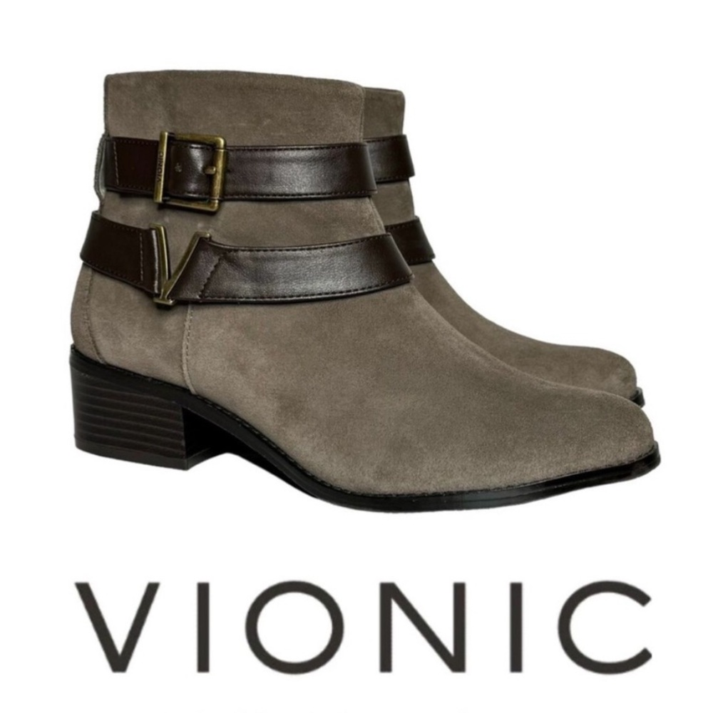NWOB Vionic Hope Mana Greige Brown Suede Block Heel Ankle Bootie Buckle Size 7